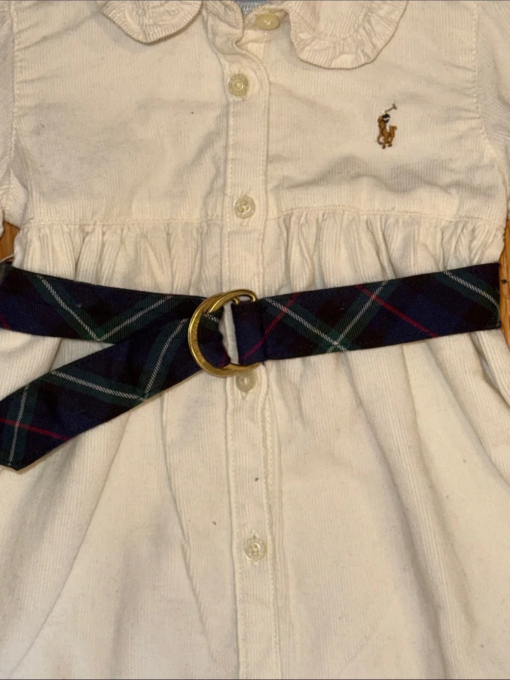 🐎 Ralph Lauren Cream Ruffle Collar Shirt Dress with Plaid Belt 6 months